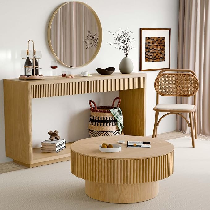 Round Coffee Table with Storage, Modern Wooden Coffee Table with Solid Wood Veneered, Circle Center Table Accent Tea Table for Living Room Apartment Small Space (31.5''L × 31.5''W × 14''H, Natural)