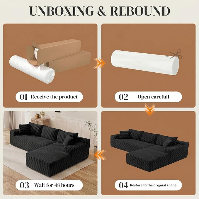 95" L Shaped Cloud Boneless Sectional Couches for Living Room, Modern Comfy Modular Deep Seat Memory Foam Compressed Corduroy Sofa Oversized Right Facing Chaise, No Assembly Required, Balck