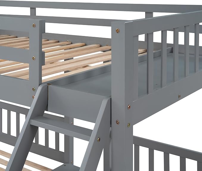 Wood Triple Bed Bunk Bed with 2 Storage Drawers, 3-in 1 Full Over Twin & Twin Bunk Bed Frame with Built-in Middle Drawer, Guardrail Ladder for Kids Teens Adults, Maximized Space Design (Grey1-full)