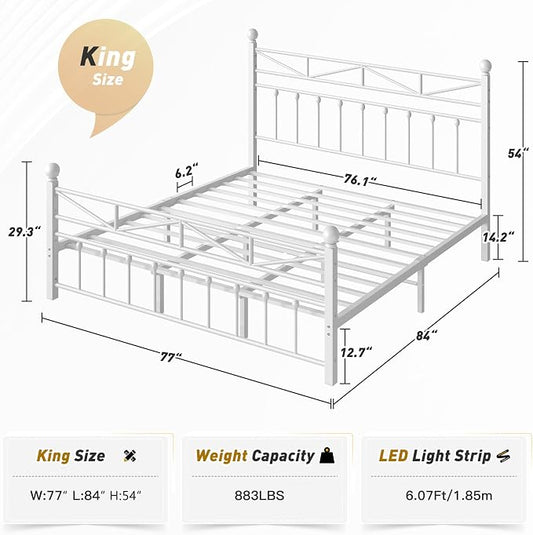 EnHomee Metal King Bed Frame,Tall Headboard & LED Light,Noise-Free,White | Heavy-duty supports 883lbs,12.7"Under-bed storage space for apartment & dorm,No box spring needed,Easy assembly