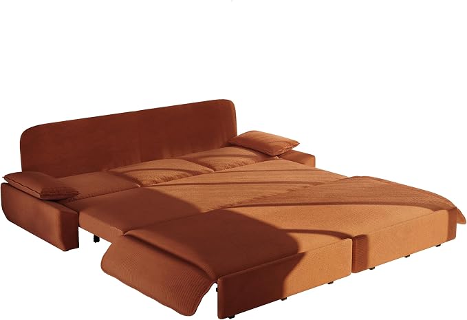 94.5'' Sleeper Sofa Bed King Size, Modern Corduroy Pull Out Couch, 3-in-1 Convertible Futon Sofa, 3 Seater Couches, Cloud Recliner, Pillow Arm, for Living Room, Apartment, Offices, RV, Orange