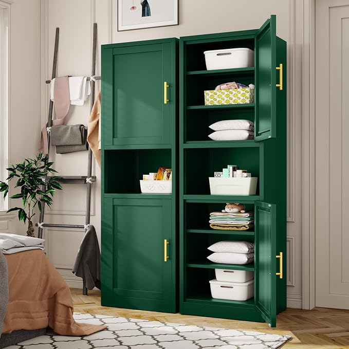 Tall Metal Narrow Bathroom Storage Cabinet 67" H, Tall Green Pantry Cabinets with 4 Adjustable Shelves and 2 Doors for Kitchen, Home Office, Living Room, Dining Room(20 inches Wide)