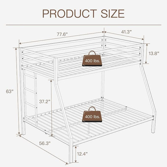 ikalido Metal Loft Bunk Bed Twin Over Full Size with Landder, Cream White | Safety Guardrail,No Box Spring Needed, Space Saving Bedroom Furniture