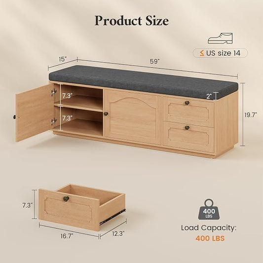 59" Storage Bench with Drawer, 2-Tier Shoe Bench with Doors, Long Entryway Bench, Thickened Cushion, Adjustable Shelf, Recessed Design for Entryway, Bedroom, Living Room, Natural