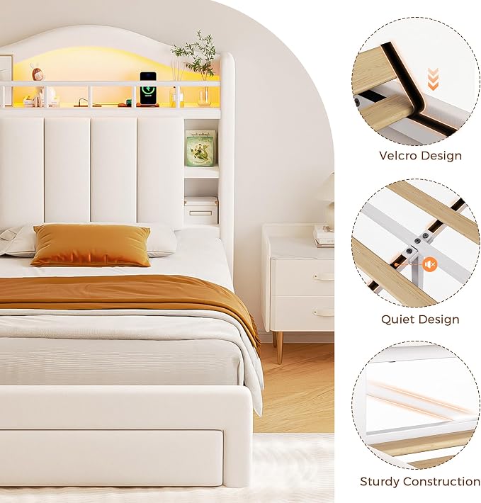 Twin Size Bed Frame with LED Storage Headboard & 2 Storage Drawers, Velvet Upholstered Bed with Vertical Tufted Headboard Design, USB & Type-C Charging Ports, Wooden Slats Support, Noise-Free, Beige