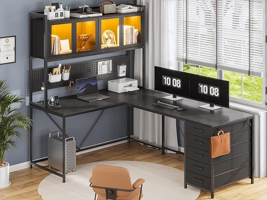 SEDETA L Shaped Gaming Desk with Drawers, L Shaped Computer Desk with Hutch and Storage Shelves, Gaming Desk with Pegboard, Led Lights, and Power Outlet, Home Office Desk, Corner Desk, Black