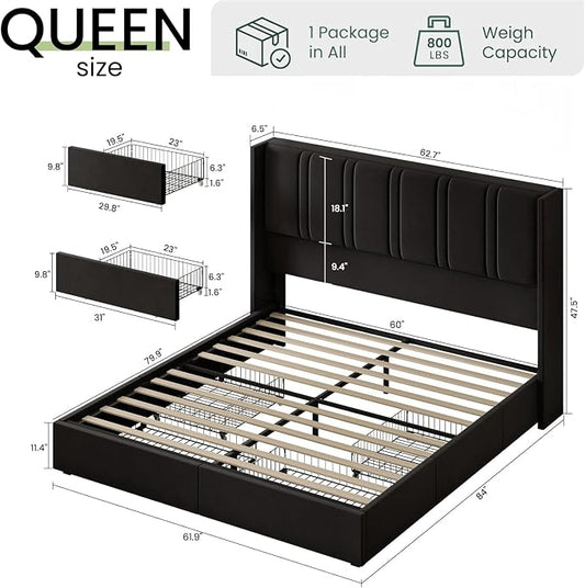 LARMACE Queen Size Bed Frame with 4 Storage Drawers and Wingback Headboard Velvet Upholstered Platform Bed Frame with Wooden Slats, Easy Assembly, Black
