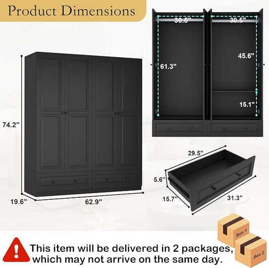 Armoire Wardrobe Closet with Drawers: 74" Bedroom Closet for Hanging Clothes, Black Wardrobes Closets with Doors, Modern Armoire Cabinet with Shelves (Black, 63")