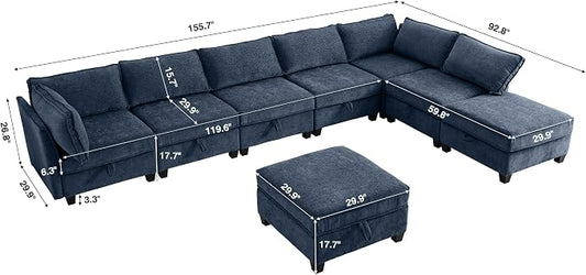 ORRD Oversized Modular Sectional Sofa Set, Convertible U Shaped Couch with Storage, 8 Seater Sofa Modular with Ottomans and Reversible Chaise for Living Room, Office (Blue Grey)