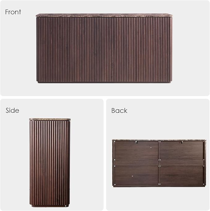 Fluted 4 Doors Sideboard Cabinet with Storage, 64" Credenza with Shelves, Faux Marble-Top Coffee Bar Console Table, Modern Buffet Cabinet for Dining, Kitchen, Living Room, Entryway, Dark Oak, 2pcs
