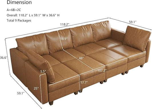 EASE MOOSE Modular Sectional Sofa Sleeper Couch with Storage,Faux Leather Sectional Large Moduar Sofa Bed,Brown