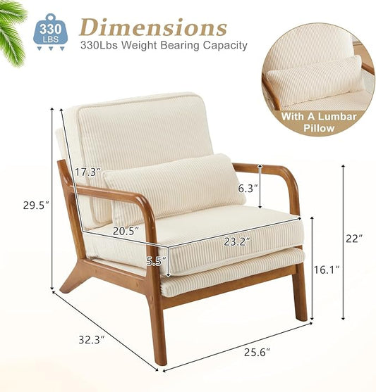 VINGLI Upgraded Premium Corduroy Accent Chair,Upholstered Arm Chair,Solid Wood Comfy Reading Chair with Lumbar Pillow, Mid Century Modern Chairs for Living Room,Bedroom,Guest Room,Beige