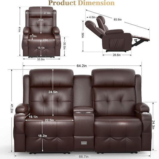 Reclining Loveseat, Massage Loveseat Recliner Sofa Heavy Weight Capacity, RV Love Seat Chair Clearance with Console, USB, Type C Port, Storage, Cup Holders, Wall Hugger Couch (Brown, 2+1)