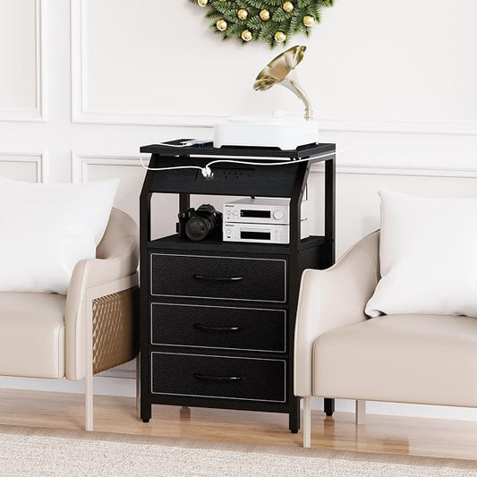 SZLHANJZ End Table with 3 Drawers, Nightstand with Charging Station and LED Lights, Small Fabric Night Stand for Bedside, Storage Side Table for Living Room Dorm, Black