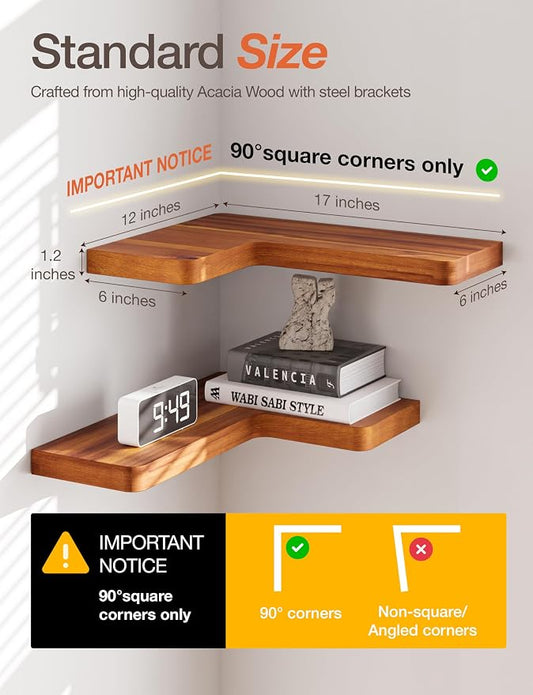 BATODA Acacia Wood Corner Floating Shelves 17" x 12"– Corner Shelf Wall Mounted - Floating Book Shelves for Wall - Brackets and Shelving Hardware Included for Kitchen, Living Room, Bathroom (Set 2)