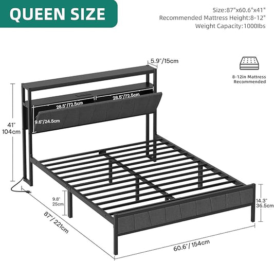 YITAHOME Queen Bed Frame with Storage Headboard, LED Upholstered Platform Bed with Charging Station, Metal Slats, No Box Spring Needed, Easy Assembly - Gray