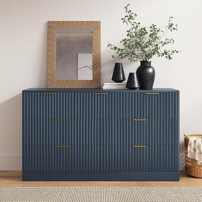 Navy Blue 7 Drawer Dresser for Bedroom, 55" Wide Fluted Chest of Drawers with Gold Metal Handles, Modern Wood Dresser Closet Storage Organizer Mid Century TV Stand for Living Room Hallway