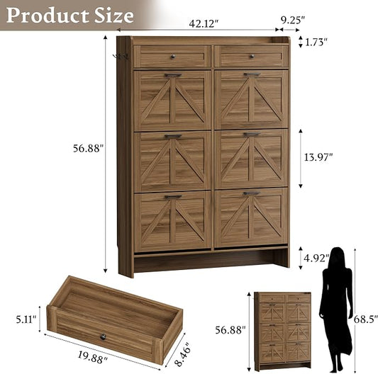 BORNOON Shoe Cabinet for Entryway, Farmhouse Shoe Storage Cabinet with 6 Flip Drawers and 2 Top Drawers, Tall Narrow Shoe Organizer Cabinet with Adjustable Shelves, Side Hooks and Anti-Tip Kit