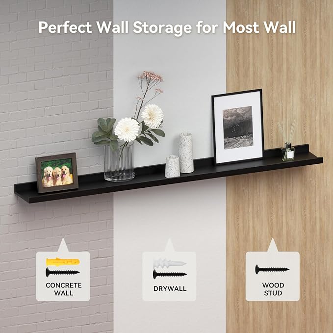 Boswillon 70.9 Inches Long Floating Shelves, 2 Set Modern Wall Shelf for Bedroom, Nursery Book Shelf with Lip, Picture Ledge Shelf for Wall Decor Living Room Bathroom Kitchen - Black