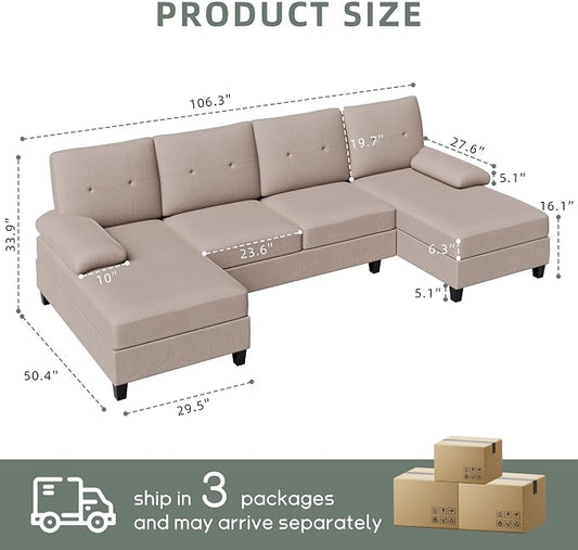 Shintenchi U-Shaped Sectional Couches for Living Room, 4 Seat Sofa with Double Chaise Lounges,Solid Wood Frame Sectional Sofa for Apartment,Beige