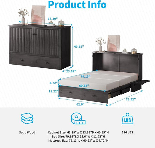 Mjkone Murphy Cabinet Bed Queen Size with Mattress Included, Multi-Functional Cube Cabinet Bed, Solid Wood Mobile Wall Beds Chest with USB Charging Station, Storage Drawers for Living Room, Dark Grey