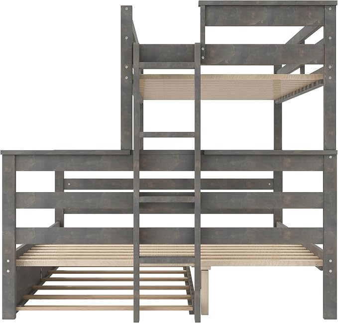 Wood Bunk Bed Twin XL Over Queen Size with Trundle, Detachable Design Bunk Bed Frame with Safety Guardrail, Ladder and Sturdy Slats Support (Grey+Trundle)
