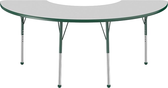 FDP Half Moon Activity School and Office Table (36 x 72 inch), Standard Legs with Ball Glides for Collaborative Seating Environments, Adjustable Height 19-30 inches - Gray Top and Green Edge