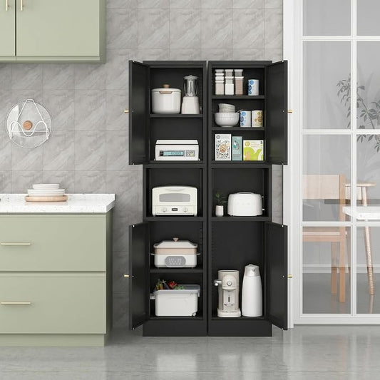 69" Tall Metal Pantry Cabinet with Microwave Stand,Microwave Storage Cabinet with 2 Doors & 3 Adjustable Shelves for Kitchen (2doors-Black, 11.81" D x 15.75" W x 66.93" H)