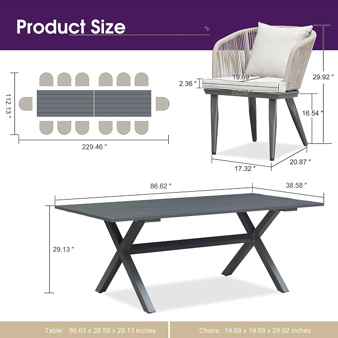 PURPLE LEAF 16 Pieces Patio Dining Set Wicker Outdoor Furniture Rectangular Table and Chairs Set for Garden Deck Aluminum Frame Backyard Kitchen Set, Cushions and Pillows Included Taupe