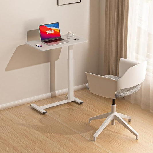 Ywin Medical Adjustable Overbed Bedside Table with Wheels, Rolling Standing Desk, Pneumatic Small Side Bed Table with Tray for Couch, Hospital, Home,Office Use (White)