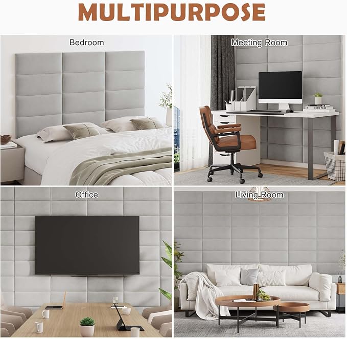 IFNOW Wall Mounted Upholstered Headboard King, 3D Peel and Stick Soundproof Panels, Reusable and Removable Padded Leather Bed Headboard, 12 Panels 9.84" x 23.62", Light Grey