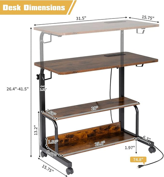 Mobile Laptop Desk with Power Outlets, Height Adjustable TV Tray Table with Storage Shelf, Rolling Computer Table with USB Ports (Vintage Brown)
