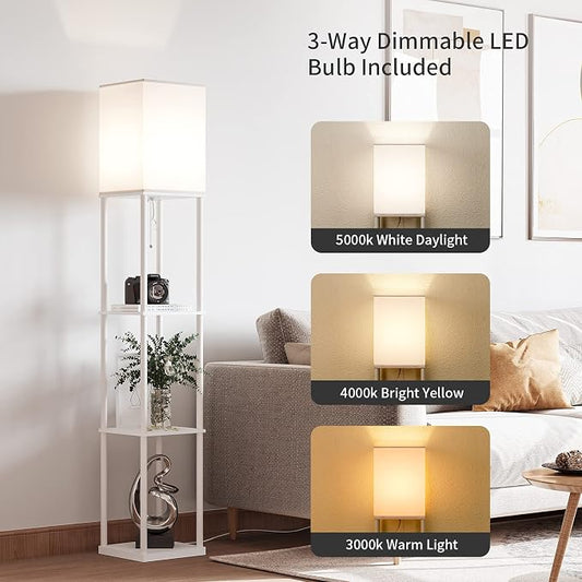 SUNMORY Floor Lamp with Shelves, Modern Square Standing Lamp with 3 Color Temperature Bulb, Corner Display Bookshelf Lamp for Living Room and Bedroom