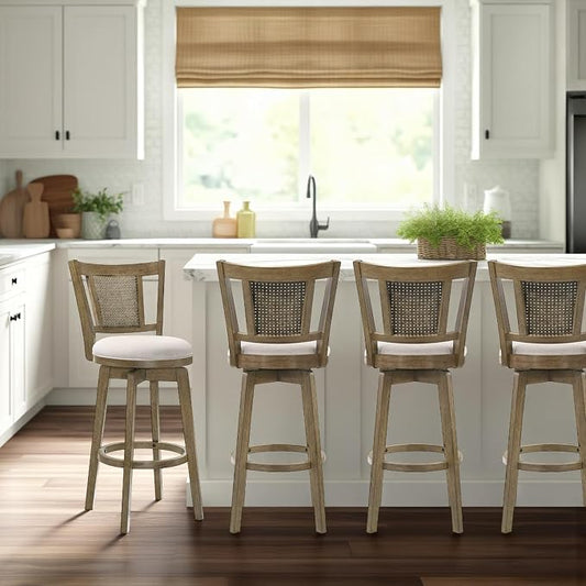 Armen Living Isla 26 in. Putty Brown Counter Height Rubberwood Swivel Barstool with Cream Fabric Seat - Set of 4