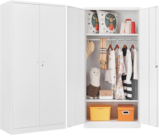 Metal Wardrobe Cabinet with Hanging Rod & Lock,White Armoire Wardrobe Closet,Metal Clothing Storage Cabinet with Adjustable Shelves and Doors,72" Armoire Storage Cabinets for Home,Living/Laundry Room