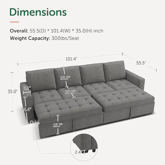 HONBAY Modular Sectional Sleeper Sofa with Pull Out Couch Bed, Convertible Sectional Couches for Living Room,Warm Grey