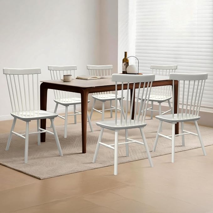 AreShark Windsor Dining Chairs, Farmhouse Wooden Dining Room Chairs, Solid Wood Kitchen Chairs with Spindle Back Set of 4, White