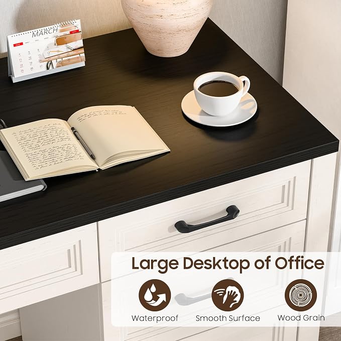 Vabches Farmhouse Executive Desk with Storage and Ample File Drawer, Rustic Large Home Writing Desk for Bedroom, Black