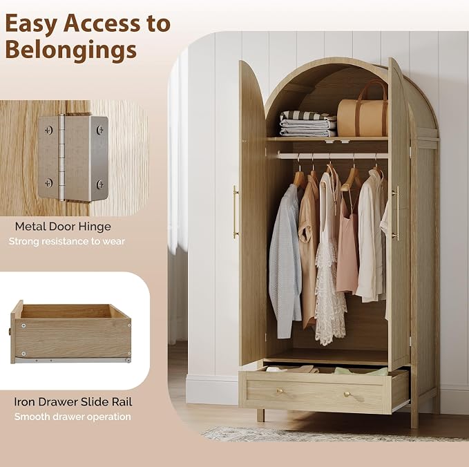 VINGLI Arched Wardrobe Closet Armoire with Drawer, 70" Tall Wooden Wardrobe Closet,Clothing Storage Cabinet, Large Capacity Storage, Natural Oak