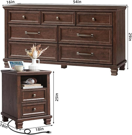 SAVOR LIFE Farmhouse Bedroom Dresser and Nightstand Set, 7 Drawer Dresser & 2 Drawer Nightstand Set, Rustic Wood Bedroom Furniture Set for Home, Hallway, Walnut