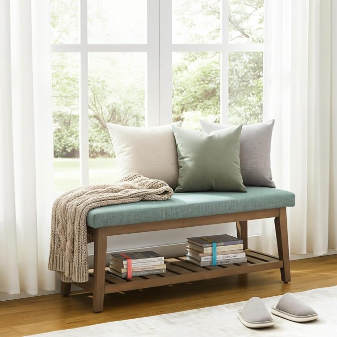 Zihanhome Entryway Shoe Bench with Cushion, End of Bed Bench,Upholstered Bench for Kitchen, Bench with Solid Wood Shelf, Fabric Ottoman Bench for Hallway, Living Room (Teal)