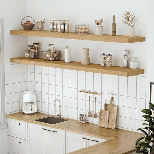 Vivelove 12" Deep Floating Shelves with Invisible Brackets, 72" Wall Shelves for Bathroom Bedroom Kitchen Living Room Laundry Room, Modern Rustic Shelves for Home Decor, 72"x12"x2", Set of 1, Oak