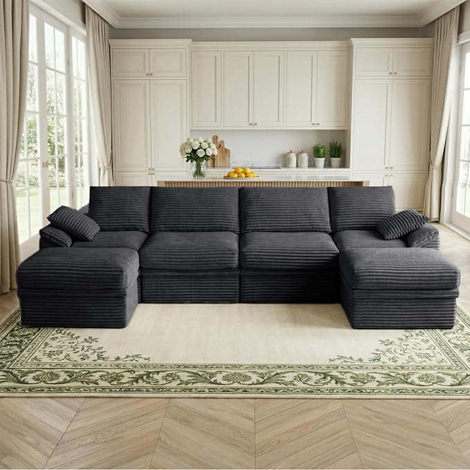 142" Modular U-Shaped Sectional Sofa with Storage, 4-Seat Corduroy Boneless Couch, 27" Deep Seat Cloud Couch & 2 Movable Ottoman, Tool-Free Assembly, Couch for Living Room, Grey