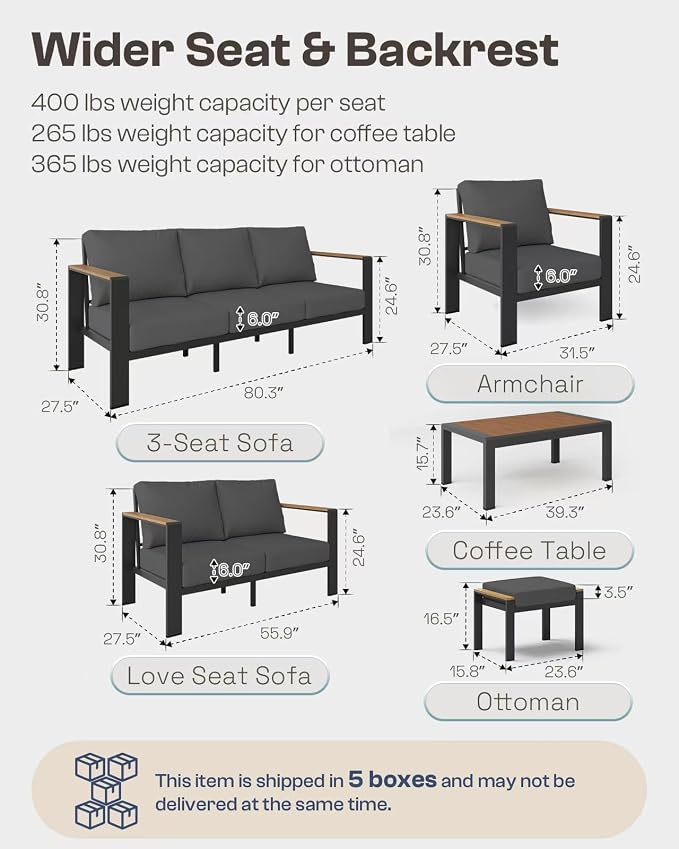 Aluminum Outdoor Patio Furniture Set with Coffee Table, 7 Piece Patio Conversation Sets with Thick Cushion, Ottomans, Outdoor Sectional Furniture Set for Porch, Balcony, Deck, Yard, Graphite