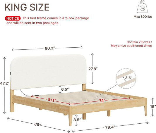 KISLOT Wood Bed Frame with USB & Type-C Charging, Boucle Platform Bed with Upholstered Headboard Mattress Foundation No Box Spring Needed Easy Assembly