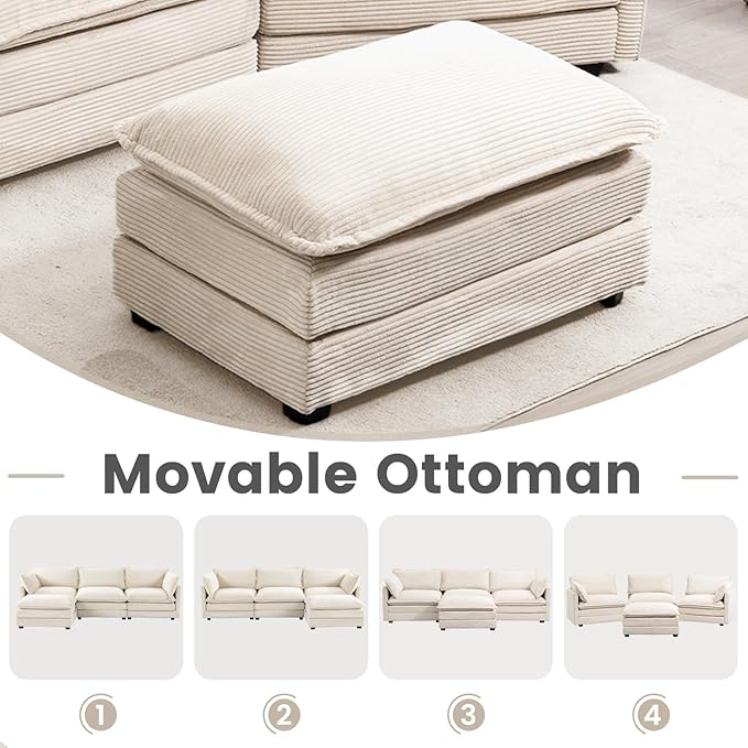 ROWHY Ottoman for Sectional Cloud Couch, Corduroy Ottoman for Deep Seat Modular Couch for Apartment, Living Room and Bedroom, Beige