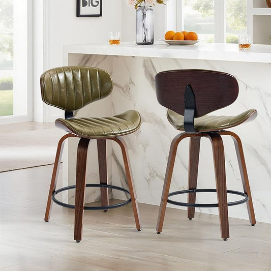 Modern Bar Stools Set of 3, 24 inch PU Leather Wooden Bentwood Barstools Counter Height Swivel Breakfast Bar Chair with Backrest Footrest for Kitchen Island, Dining Room D035-Olive Green-3