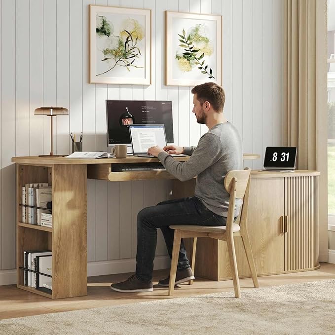 HSH L Shaped Office Corner Desk with Storage Cabinet for Home Oak 60 Inch | Executive Woood Fluted Computer Desk with Keyboard Tray and Open Shelves Modern Reversible Mcm Large Swivel Table