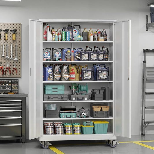 VINGLI Large Metal Storage Cabinet with 2 Doors and 5 Adjustable Shelves, Upgraded Height & Wide & Deep, 40''W x 20''D x 72''H, Oversized Garage Storage Cabinet with Wheels and Locks (White)