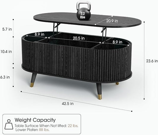 JOINICE 42.5" Oval Lift Top Coffee Table with Storage,Modern Black Center Table with Fluted Design, Solid Wood Legs & Hidden Compartment, Pop Up Coffee Table for Living Roomm